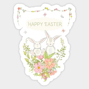 Happy Easter Bunnys 2021 - Cute Floral Easter Greetings - Whimsical Art Sticker